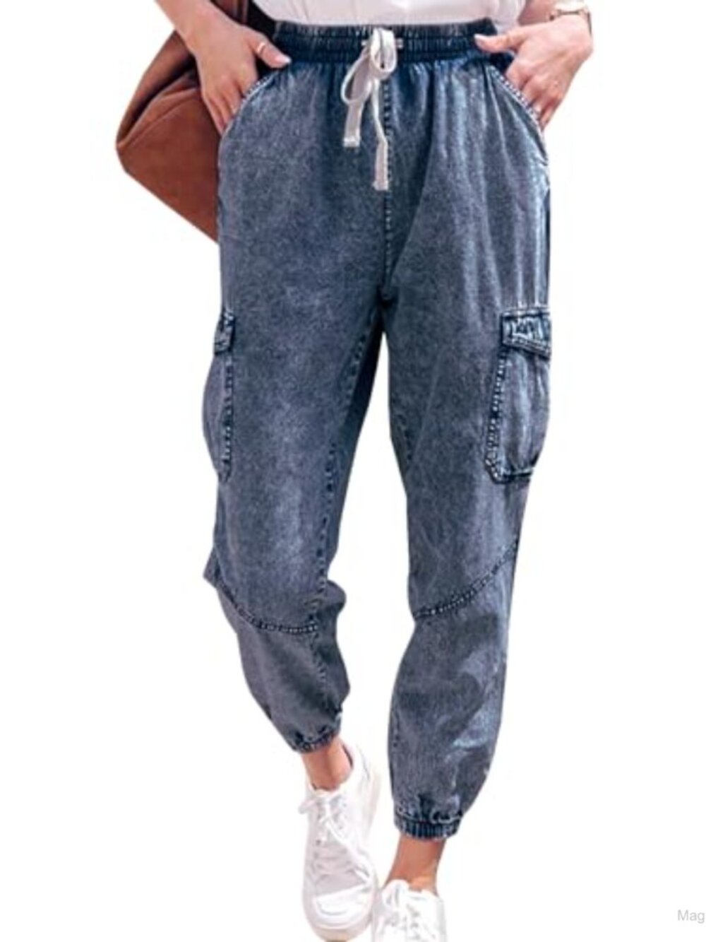 Stretch Denim Cargo Joggers Women Drawstring High Rise Cuffed Jeans